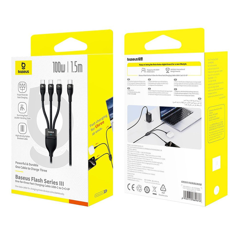 USB-C - Lightning Charging Cable / 2 x USB-C Baseus Flash Series III 3in1, 100W, 1.5m, Black P10377502111-00