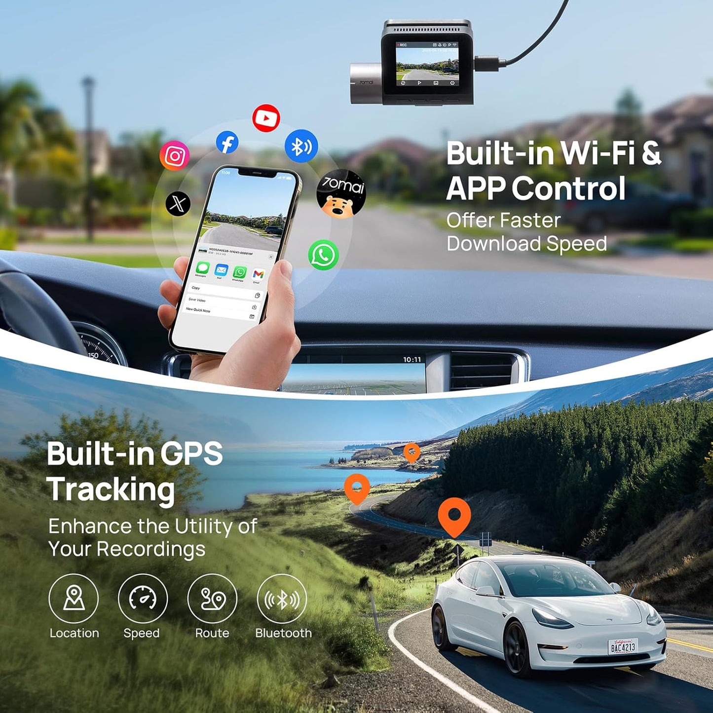 Telecamera Auto Anteriore e Posteriore 70mai Dash Cam A510, 3K, GPS, Wi-Fi, Display 2 pollici
