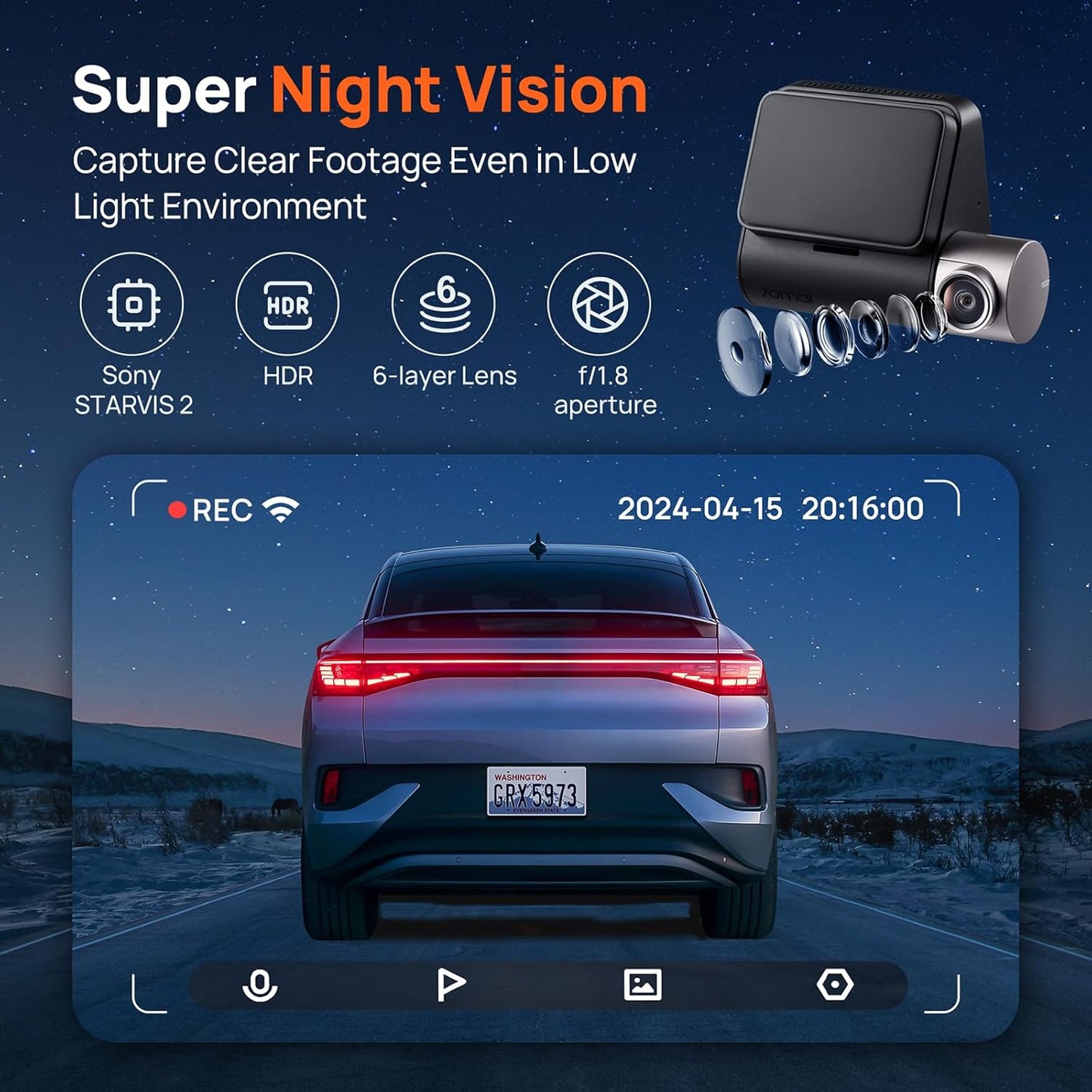Telecamera Auto Anteriore e Posteriore 70mai Dash Cam A510, 3K, GPS, Wi-Fi, Display 2 pollici