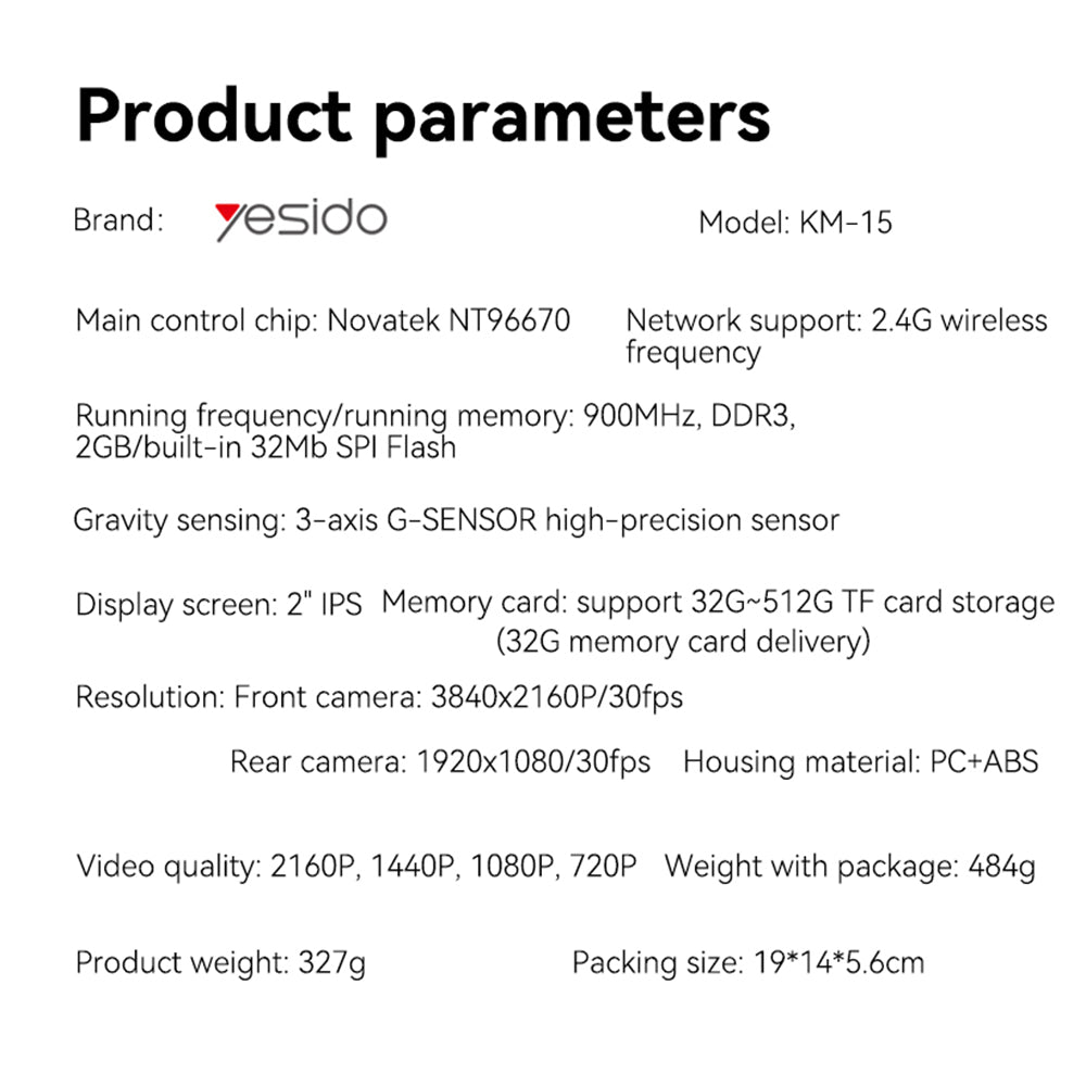 Telecamera Auto Anteriore e Posteriore Yesido KM15, 4K, Wi-Fi, Display 2 pollici