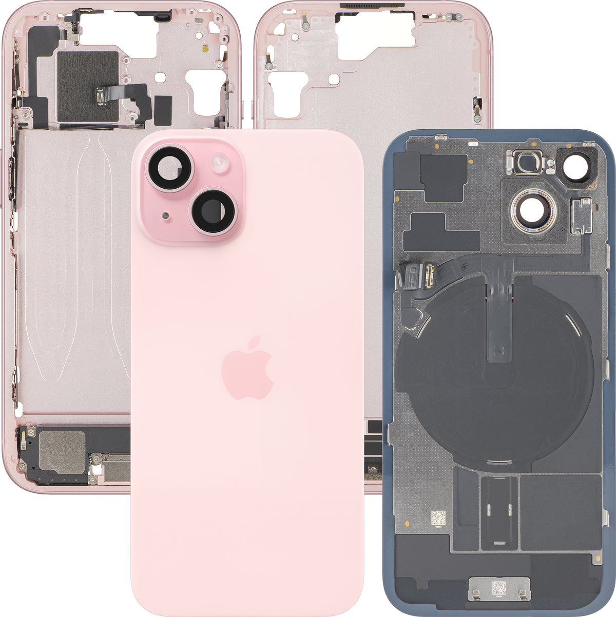 Cover Batteria Apple iPhone 15, Con Scocca Centrale, Parti Complete, Rosa, Swap Premium