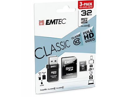 Scheda di Memoria microSDHC Emtec C10 Classic, 32Gb, Classe 10, Con Lettore di Schede e Adattatore ECMSDM32GHC10CGRA2