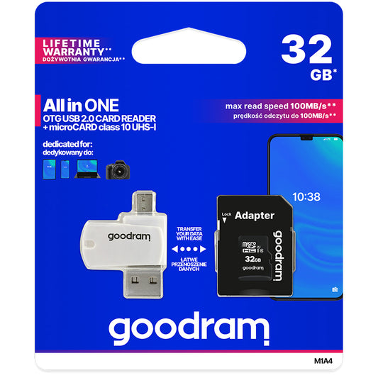 Scheda di memoria microSDHC GoodRam, 32Gb, Classe 10 / UHS-1 U1, con lettore di schede e adattatore M1A4-0320R12