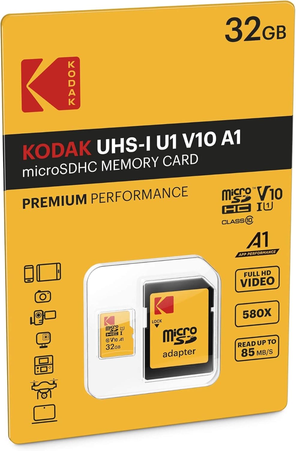 Scheda di Memoria microSDHC Kodak Premium Performance, 32Gb, Classe 10 / UHS-1 U1, Con Adattatore EKMSDM32GHC10K