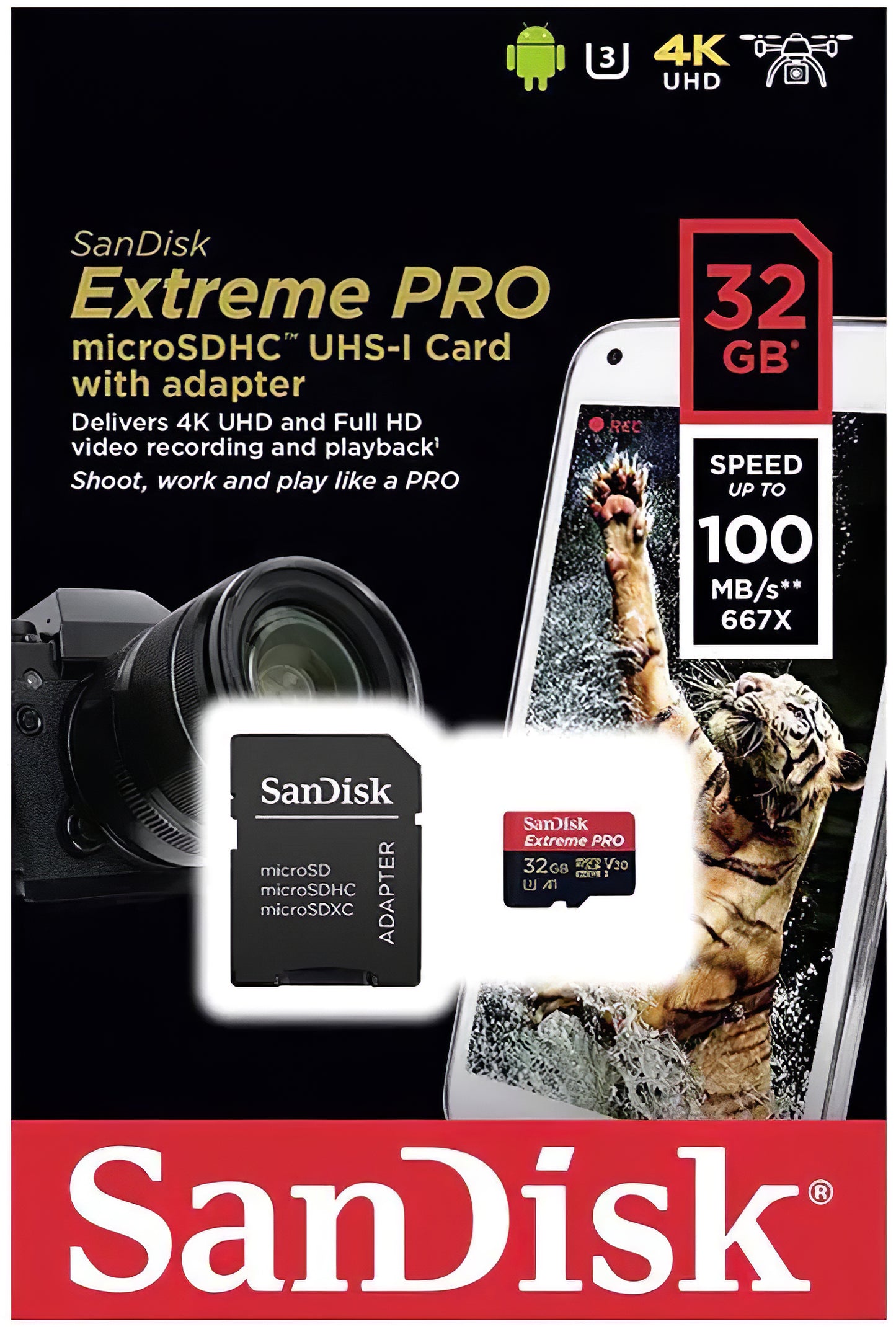 Scheda di memoria microSDHC SanDisk Extreme Pro, 32Gb, Classe 10 / UHS-1 U3, Con Adattatore SDSQXCG-032G-GN6MA