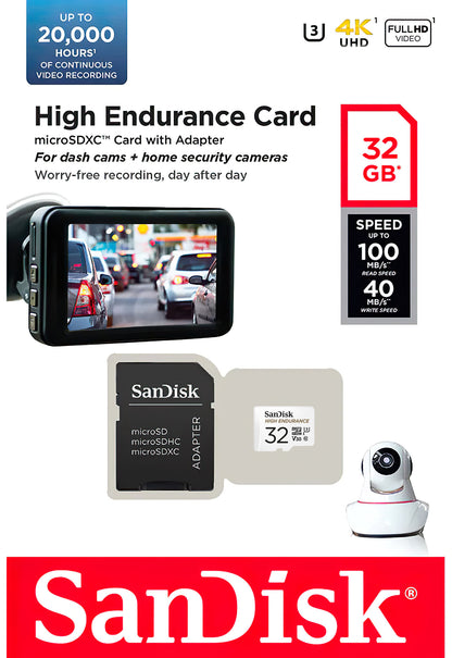 SanDisk High Endurance microSDHC Memory Card, 32GB, Class 10 / UHS-1 U3, With Adapter SDSQQNR-032G-GN6IA