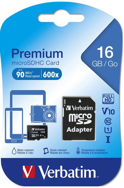 Scheda di memoria microSDHC Verbatim, 16Gb, Classe 10 / UHS-1 U1, con adattatore 44082