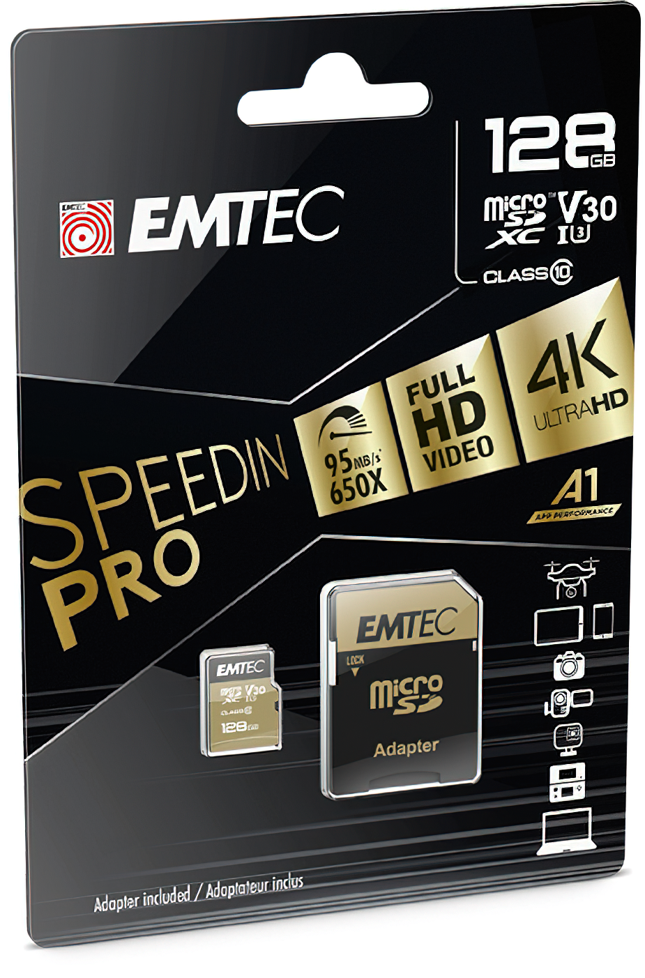Scheda di memoria microSDXC Emtec Speedin Pro Android A1, 128Gb, Classe 10 / UHS-1 U3, con adattatore ECMSDM128GXE