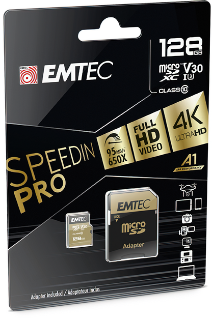 Scheda di memoria microSDXC Emtec Speedin Pro Android A1, 128Gb, Classe 10 / UHS-1 U3, con adattatore ECMSDM128GXE
