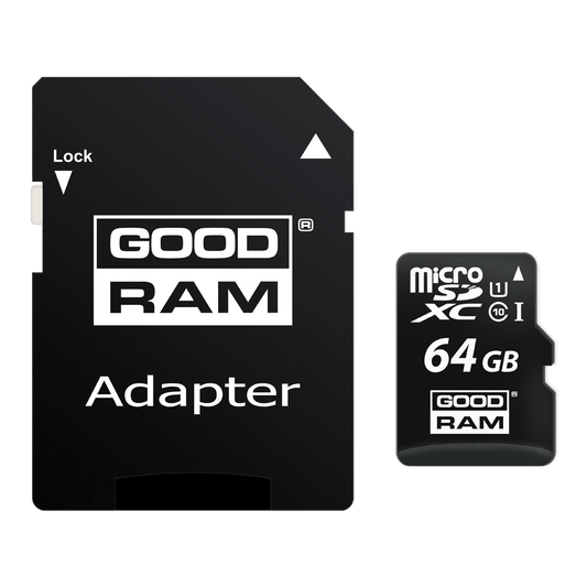 Scheda di memoria microSDXC GoodRam, 64Gb, Classe 10 / UHS-1 U1, con adattatore M1AA-0640R12