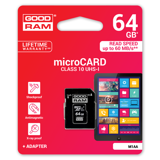 Scheda di memoria microSDXC GoodRam, 64Gb, Classe 10 / UHS-1 U1, con adattatore M1AA-0640R12