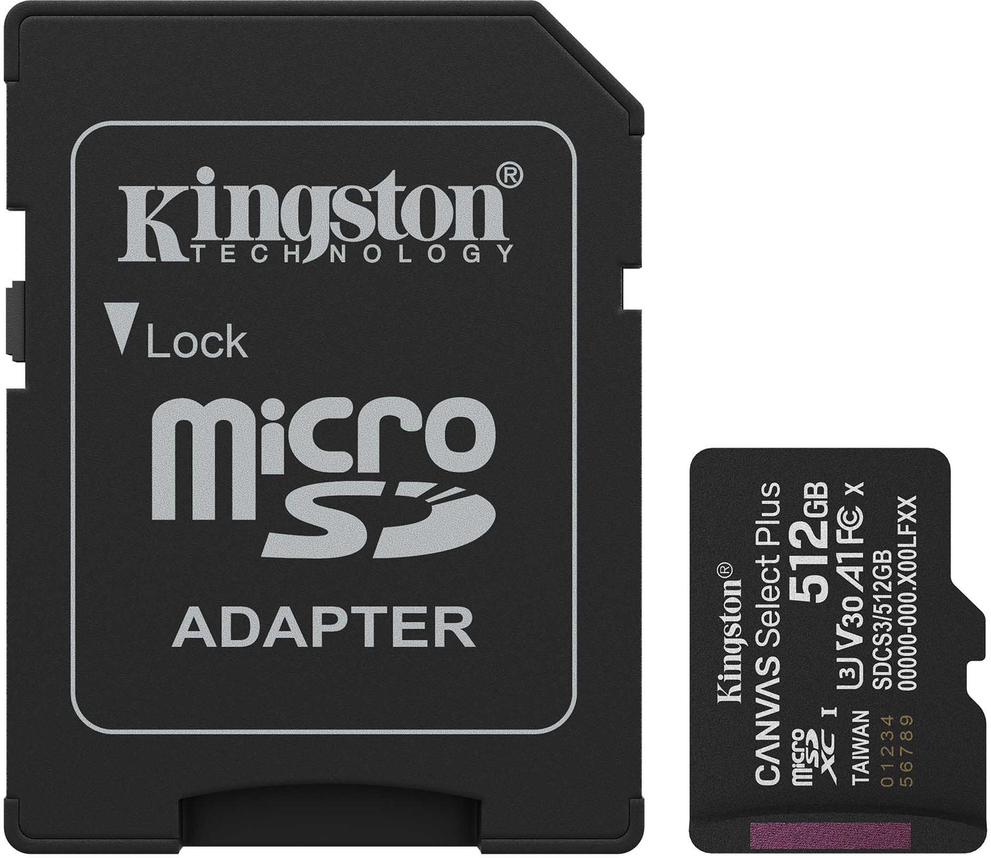 Scheda di Memoria microSDXC Kingston Canvas Select Plus Android A1, 512Gb, Classe 10 / UHS-1 U3, Con Adattatore SDCS3/512GB