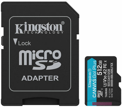 Scheda di Memoria microSDXC Kingston Canvas Go Plus Android A2, 512Gb, Classe 10 / UHS-1 U3, Con Adattatore SDCG4/512GB