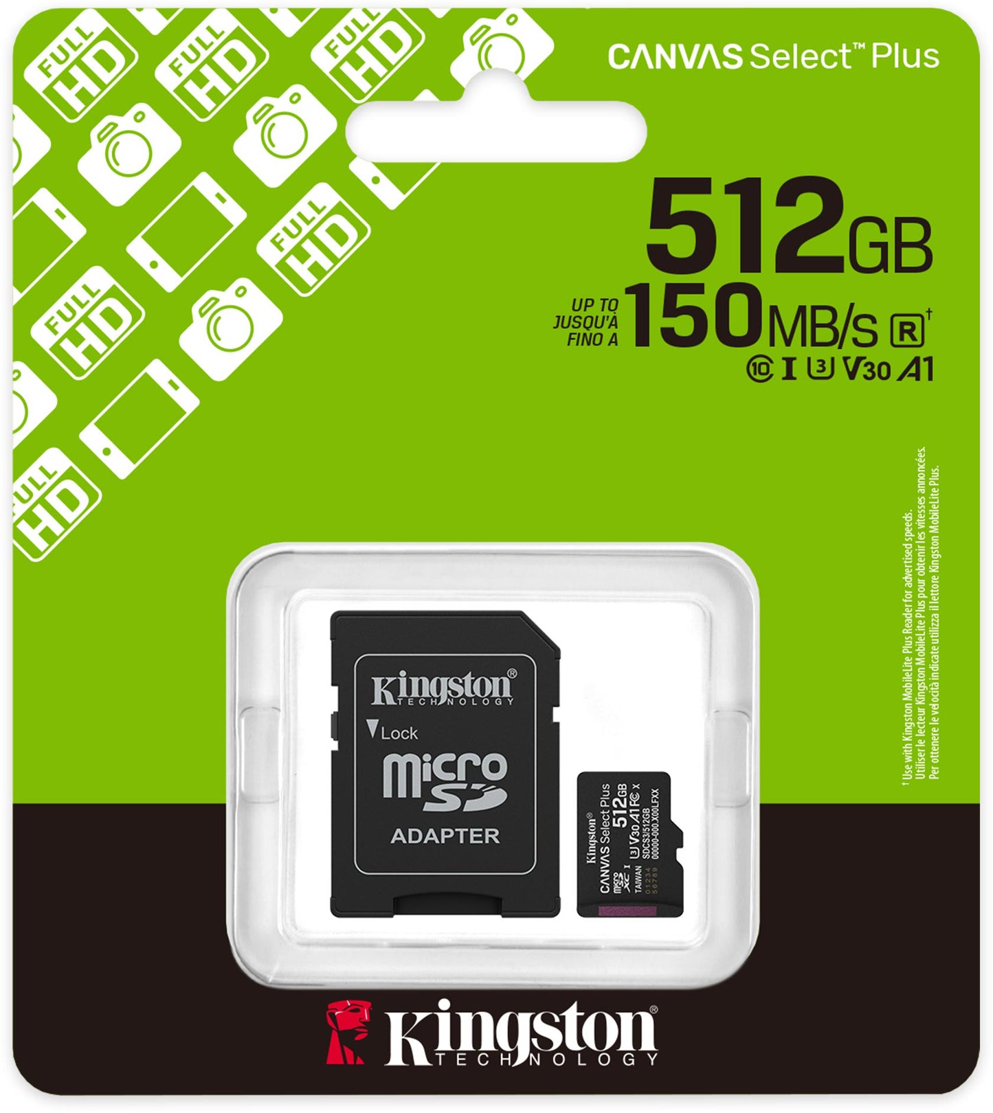 Scheda di Memoria microSDXC Kingston Canvas Select Plus Android A1, 512Gb, Classe 10 / UHS-1 U3, Con Adattatore SDCS3/512GB