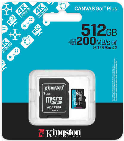 Scheda di Memoria microSDXC Kingston Canvas Go Plus Android A2, 512Gb, Classe 10 / UHS-1 U3, Con Adattatore SDCG4/512GB