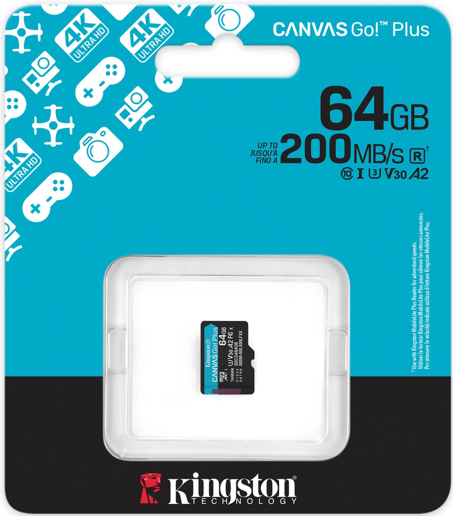 Scheda di Memoria microSDXC Kingston Canvas Go Plus Android A2, 64Gb, Classe 10 / UHS-1 U3 SDCG4/64GBSP
