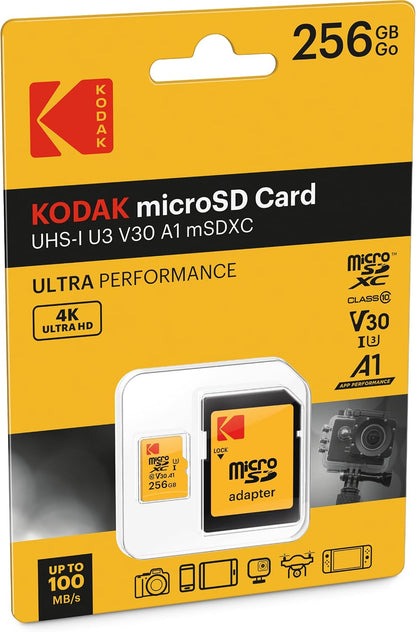 Scheda di memoria microSDXC Kodak, 256Gb, Classe 10 / UHS-1 U3, con adattatore EKMSDM256GXC10HPRK