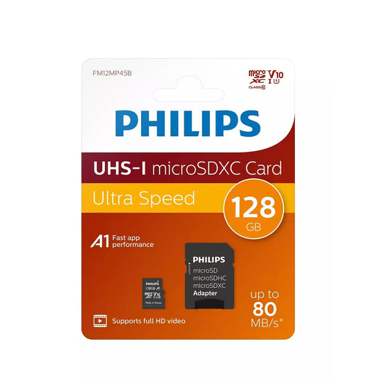Scheda di Memoria microSDXC Philips, 128Gb, Classe 10 / UHS-1 U1, Con Adattatore FM12MP45B/10