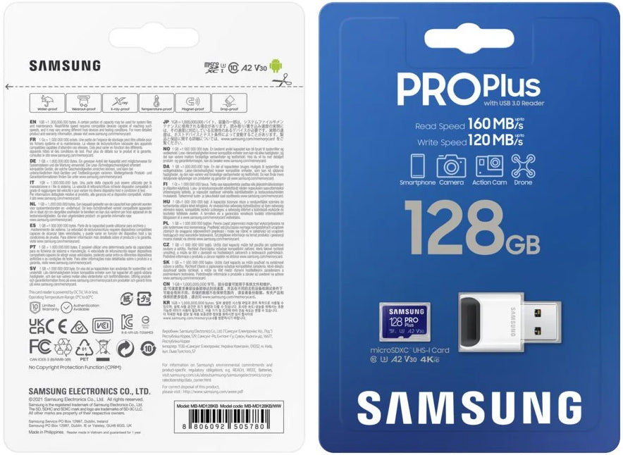 Scheda di memoria microSDXC Samsung PRO Plus, 128Gb, Classe 10 / UHS-1 U3, Con Lettore di Schede e Adattatore MB-MD128KB/WW