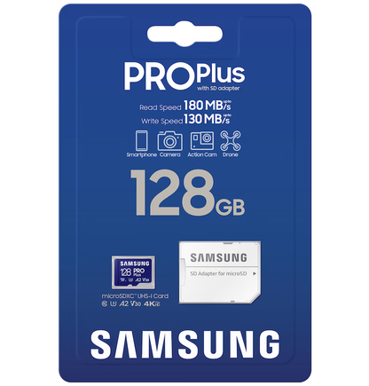 Scheda di memoria microSDXC Samsung PRO Plus, 128Gb, Classe 10 / UHS-1 U3, Con Adattatore MB-MD128SA/EU