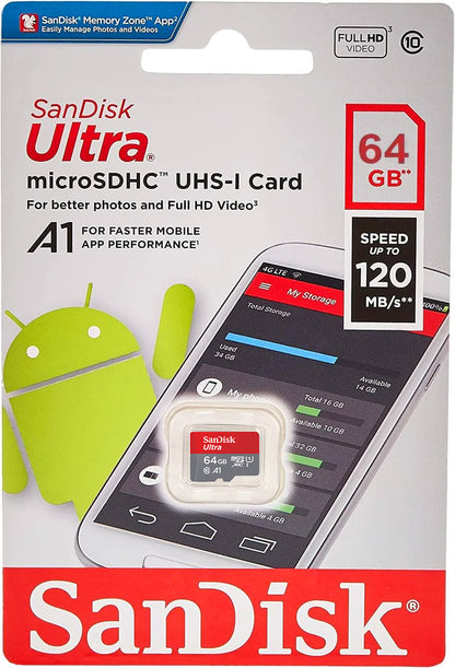 Scheda di Memoria microSDXC SanDisk Ultra Android A1, 64Gb, Classe 10 / UHS-1 U1 SDSQUAB-064G-GN6MN