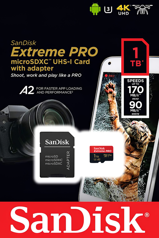 Scheda di memoria microSDXC SanDisk Extreme Pro, 1TB, Classe 10 / UHS-1 U3, con adattatore SDSQXCD-1T00-GN6MA