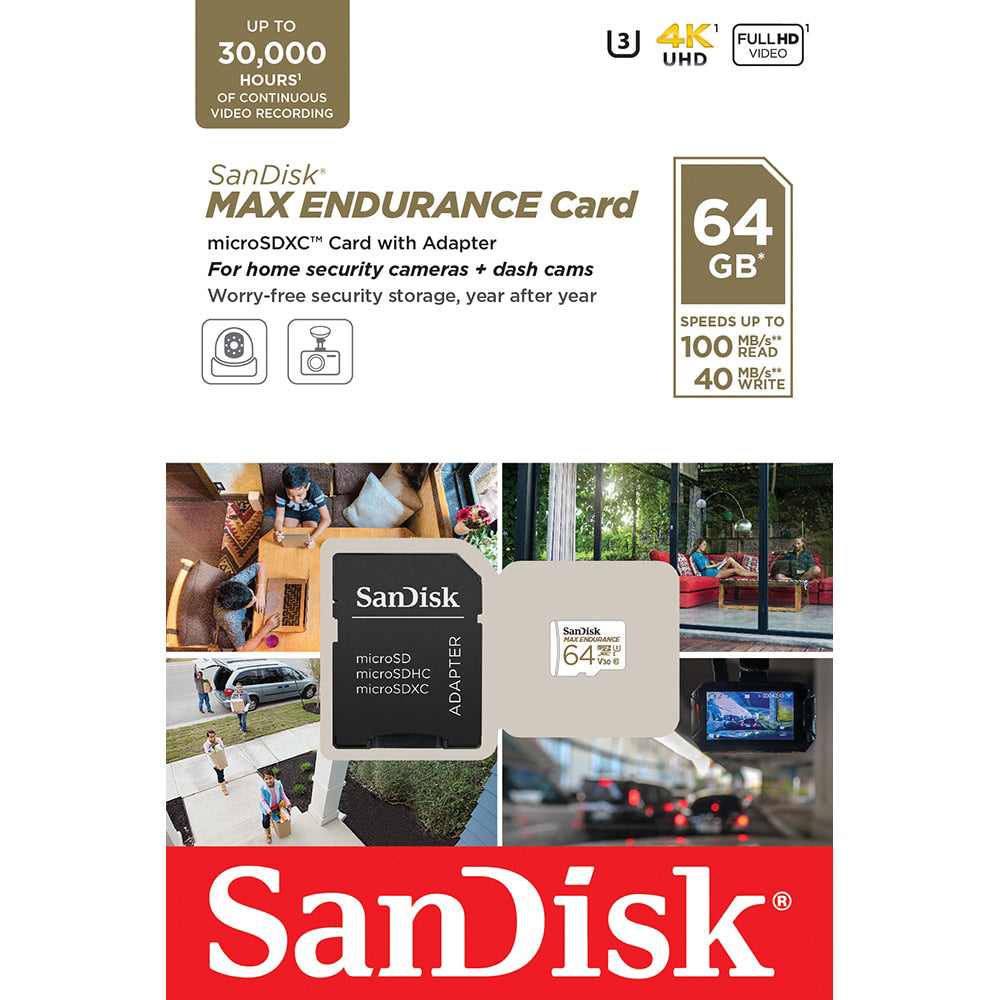 Scheda di Memoria microSDXC SanDisk MAX Endurance, 64Gb, Classe 10 / UHS-1 U3, Con Adattatore SDSQQVR-064G-GN6IA