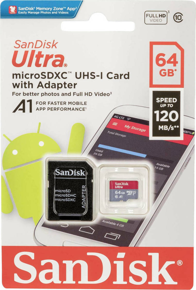 SanDisk Ultra Android A1 microSDXC Memory Card, 64Gb, Class 10 / UHS-1 U1, With Adapter SDSQUAB-064G-GN6MA