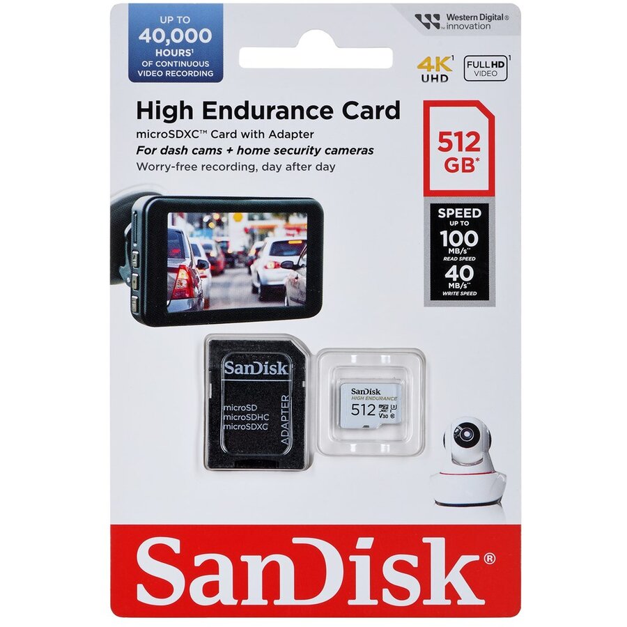 Scheda di Memoria microSDXC SanDisk High Endurance, 512Gb, Classe 10 / UHS-1 U3, Con Adattatore SDSQQNR-512G-GN6IA