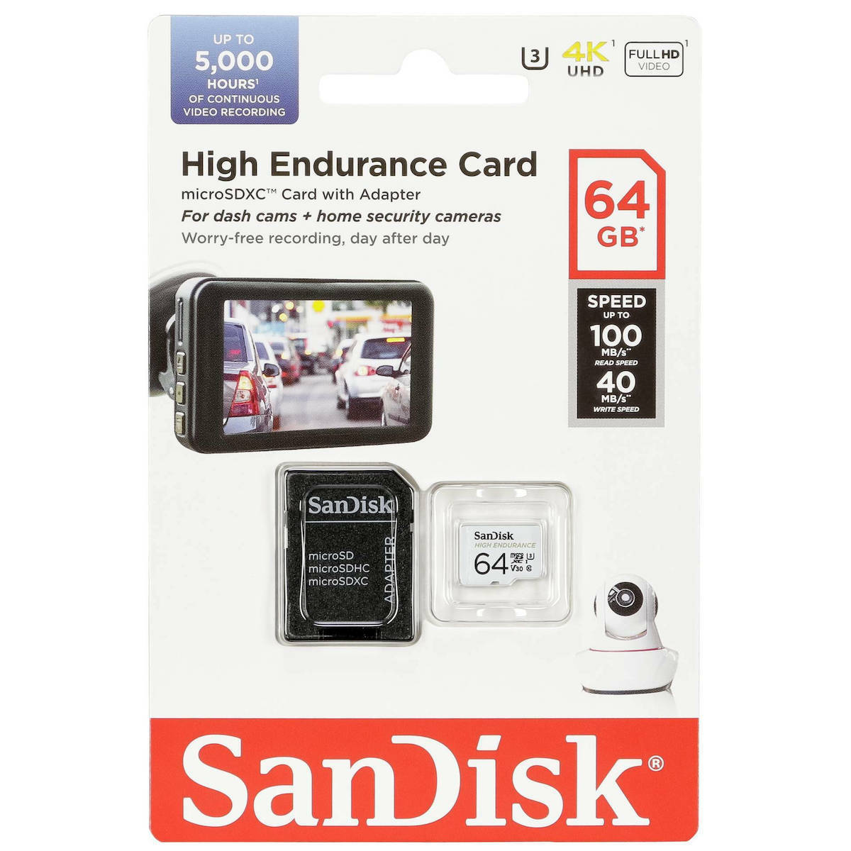 Scheda di Memoria microSDXC SanDisk High Endurance, 64Gb, Classe 10 / UHS-1 U3, Con Adattatore SDSQQNR-064G-GN6IA