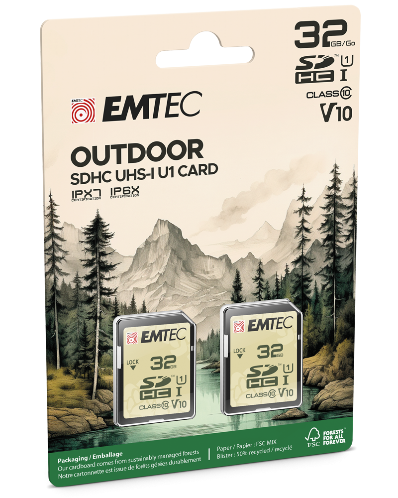 Scheda di Memoria SDHC Emtec Rugged Outdoor, 32Gb, Classe 10 / UHS-1 U1, Set 2 pezzi ECMSD32GHCU1ORP2