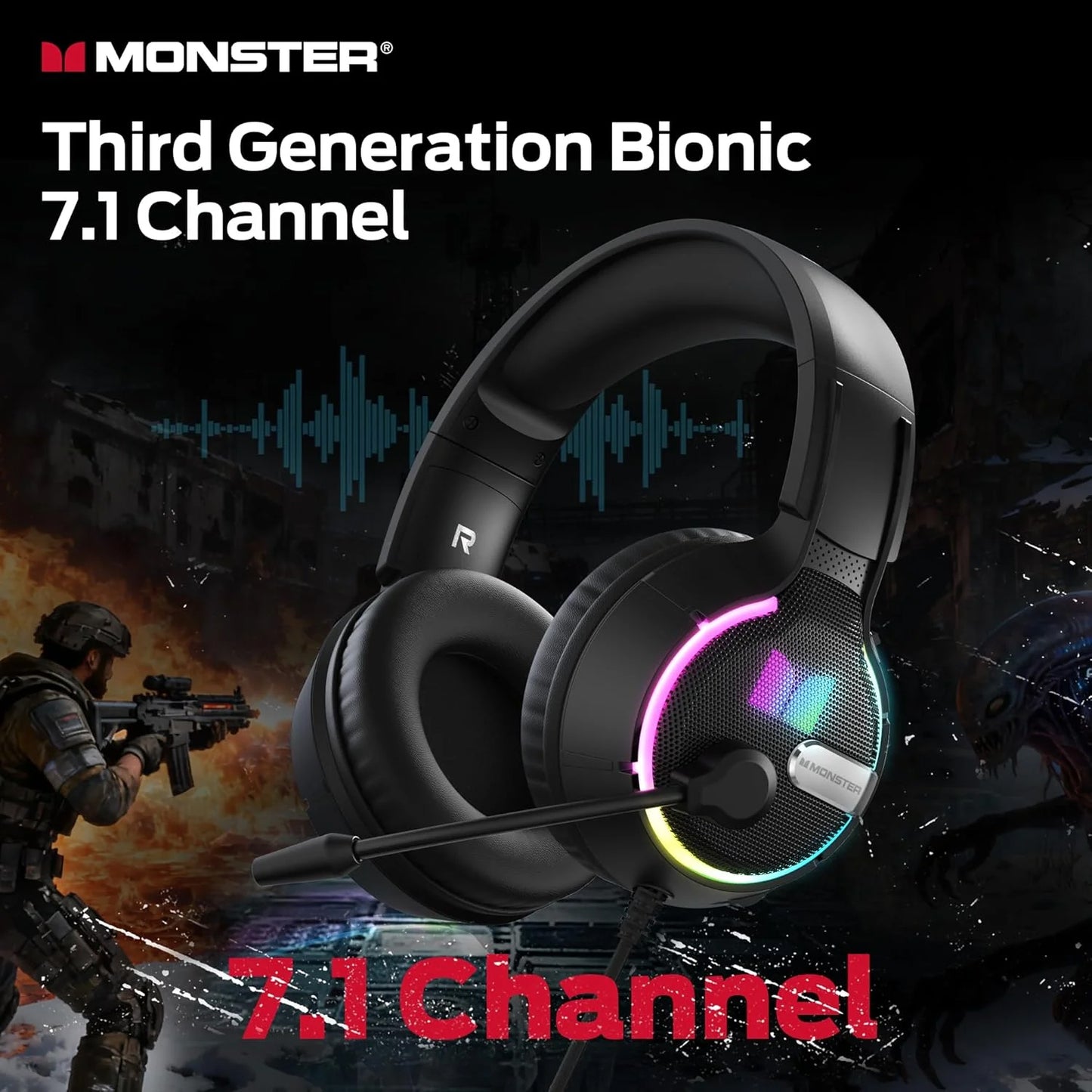 Cuffie Gaming 3.5mm Monster Mission 320, RGB, 1,9m, Nere