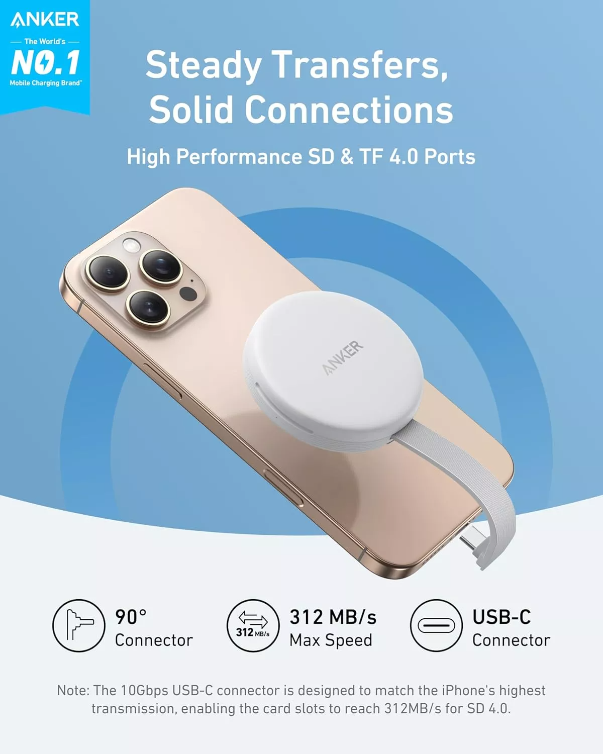 Lettore di schede USB-C Anker MagGo per Apple iPhone USB-C, SD - microSD, Bianco A83D1G21
