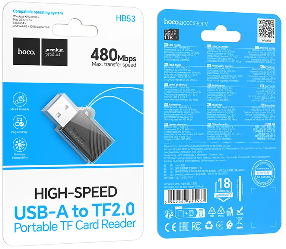 Lettore di Schede USB HOCO HB53, microSD, Nero