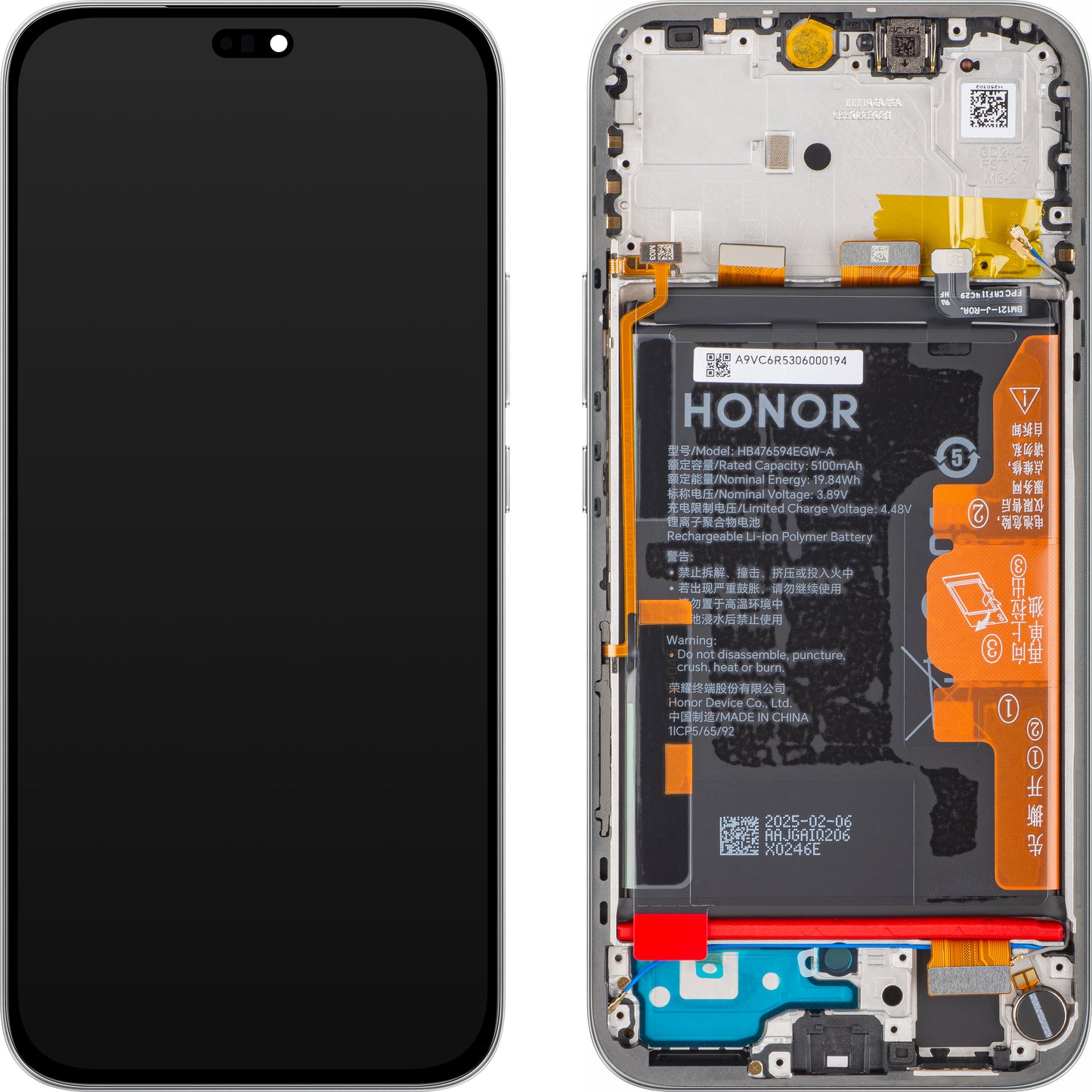 Honor 400 Lite Display with Touchscreen, Frame and Battery, Grey (Velvet Grey), Service Pack 0235ANTA