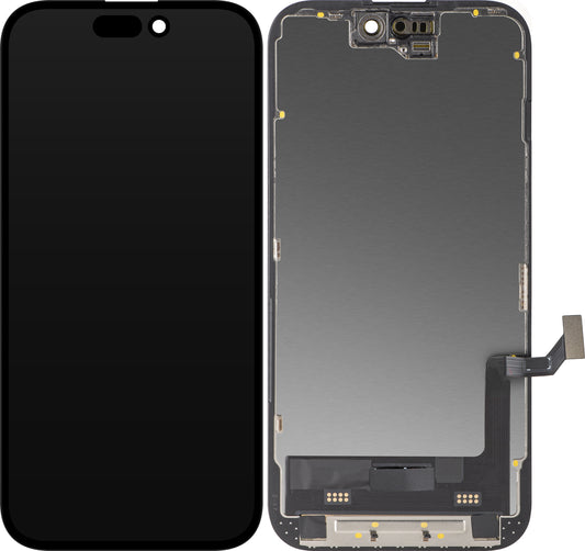 Display con Touchscreen MP compatibile con Apple iPhone 15, con Cornice, Versione Soft OLED FHD Diagnostica, Nero