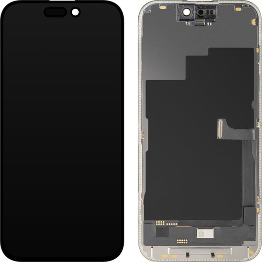 Display con Touchscreen MP compatibile con Apple iPhone 15 Pro, con Cornice, Versione OLED FHD Diagnostic, Nero