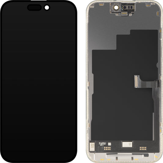 Display con Touchscreen MP compatibile con Apple iPhone 15 Pro, con Cornice, Versione Premium Soft OLED FHD 120Hz, Nero