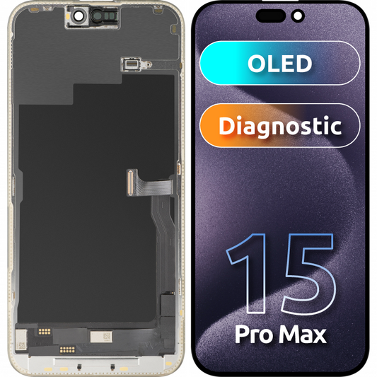 Display con Touchscreen MP compatibile con Apple iPhone 15 Pro Max, con Cornice, Versione OLED FHD Diagnostica, Nero, Ricondizionato
