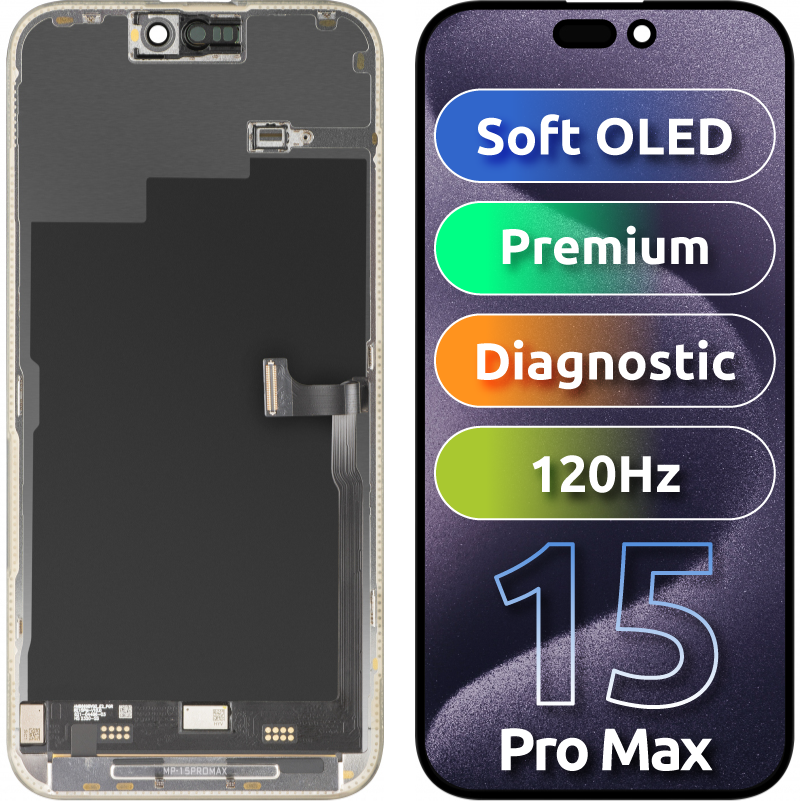 Display con Touchscreen MP compatibile con Apple iPhone 15 Pro Max, con Cornice, Versione Premium Soft OLED FHD 120Hz Diagnostico, Nero, Ricondizionato