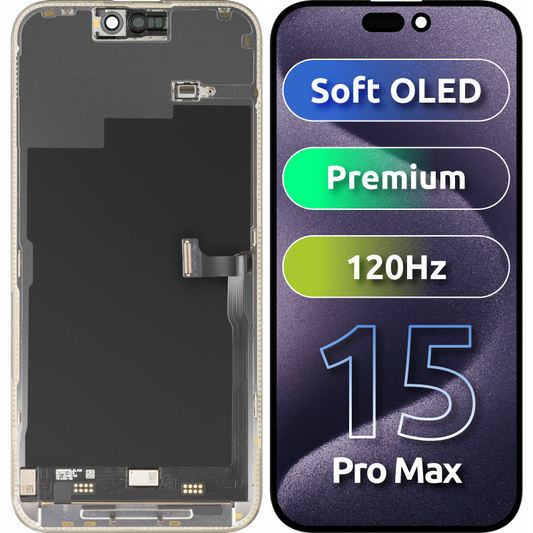 Display con Touchscreen MP compatibile con Apple iPhone 15 Pro Max, con Cornice, Versione Premium Soft OLED FHD 120Hz, Nero