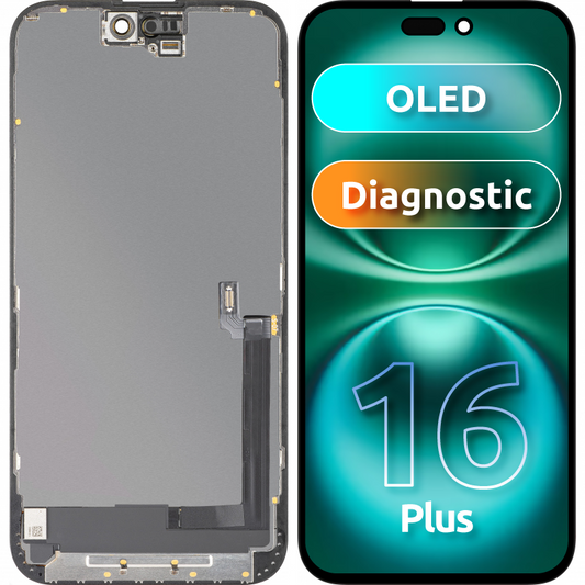 Display con Touchscreen MP compatibile con Apple iPhone 16 Plus, con Cornice, Versione OLED FHD Diagnostic, Nero