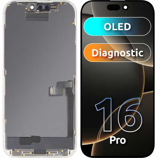 Display con Touchscreen MP compatibile con Apple iPhone 16 Pro, con Cornice, Versione OLED FHD Diagnostic, Nero