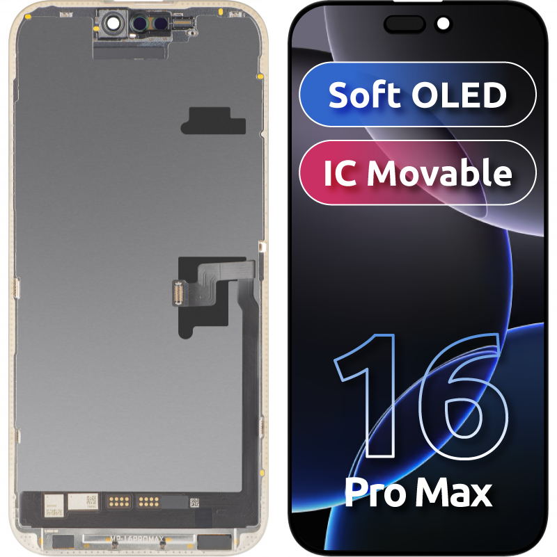 Display con Touchscreen MP compatibile con Apple iPhone 16 Pro Max, con Cornice, Versione Soft OLED FHD IC Movable, Nero