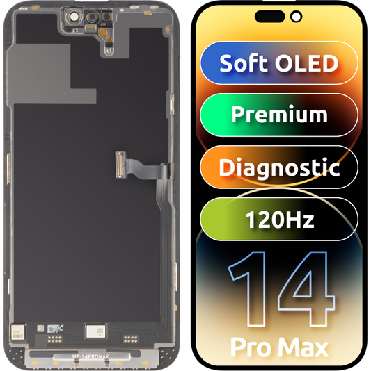 Display con Touchscreen MP compatibile con Apple iPhone 14 Pro Max, con Cornice, Versione Premium Soft OLED FHD 120Hz Diagnostico, Nero