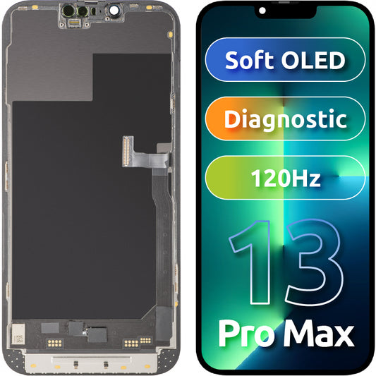 Display con Touchscreen MP compatibile con Apple iPhone 13 Pro Max, con Cornice, Versione Soft OLED 120Hz FHD Diagnostic, Nero