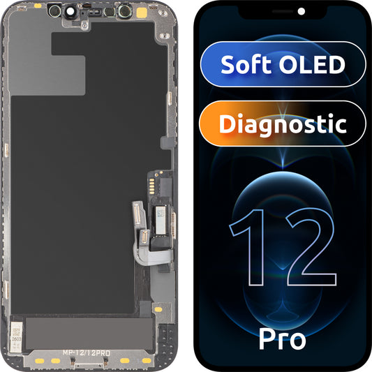 Display con Touchscreen MP compatibile con Apple iPhone 12 / 12 Pro, con Cornice, Versione Software OLED FHD Diagnostica, Nero