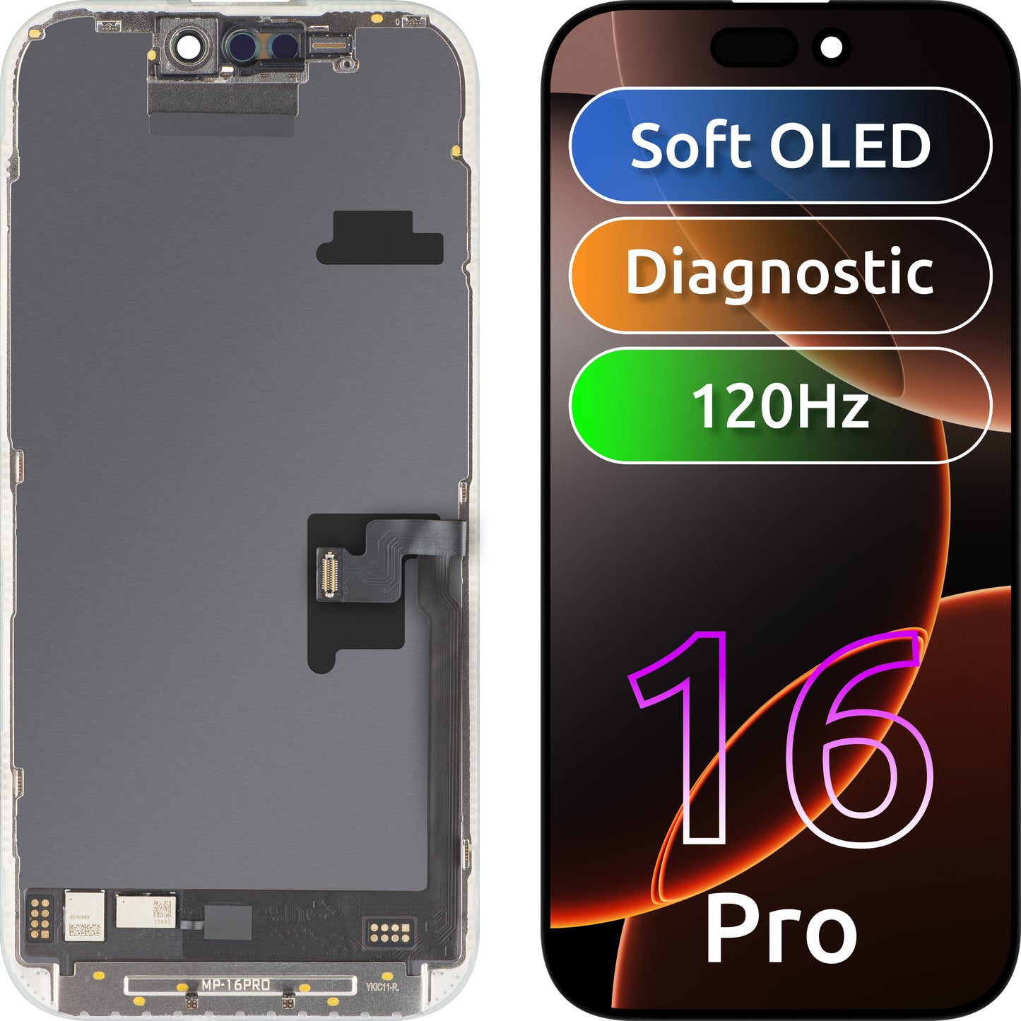 Display con Touchscreen MP compatibile con Apple iPhone 16 Pro, con Cornice, Versione Software OLED FHD 120Hz Diagnostica, Nero