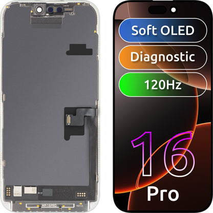 Display con Touchscreen MP compatibile con Apple iPhone 16 Pro, con Cornice, Versione Software OLED FHD 120Hz Diagnostica, Nero