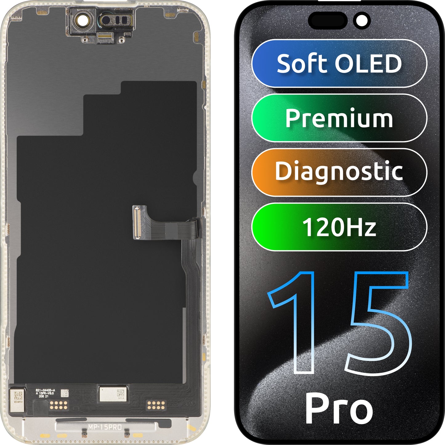 Display con Touchscreen MP compatibile con Apple iPhone 15 Pro, con Cornice, Versione Premium Soft OLED FHD 120Hz Diagnostico, Nero